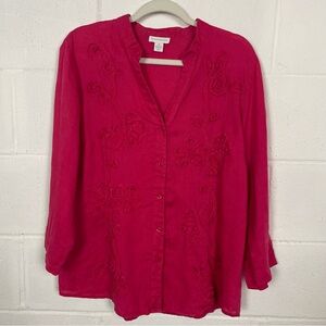 Charter Club 100% Linen Button Up Top V-Neck Floral Fuchsia Preppy Vacation 16